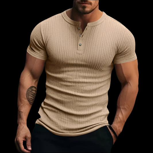 Mens Stylish Stripe Knit T-shirt -Fashionable Henley Neck, Short Sleeves, Soft & Breathable - Perfect Comfy Tops for Leisurewear