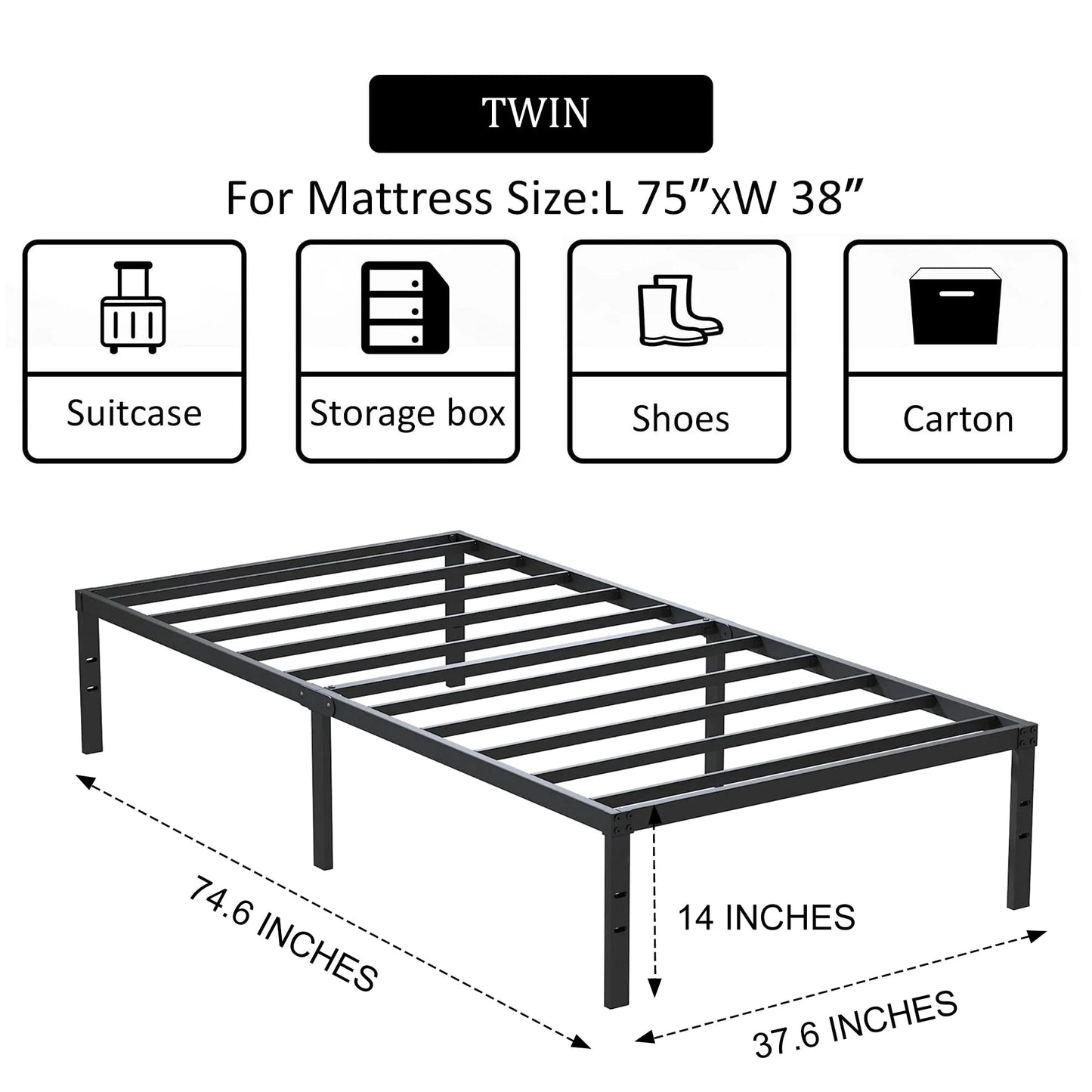 14 Inch Metal Bed Frame - Single Black Basic Steel Slats Platform, Easy Assembly Heavy Duty Noise Free Bedframes, No Box Spring