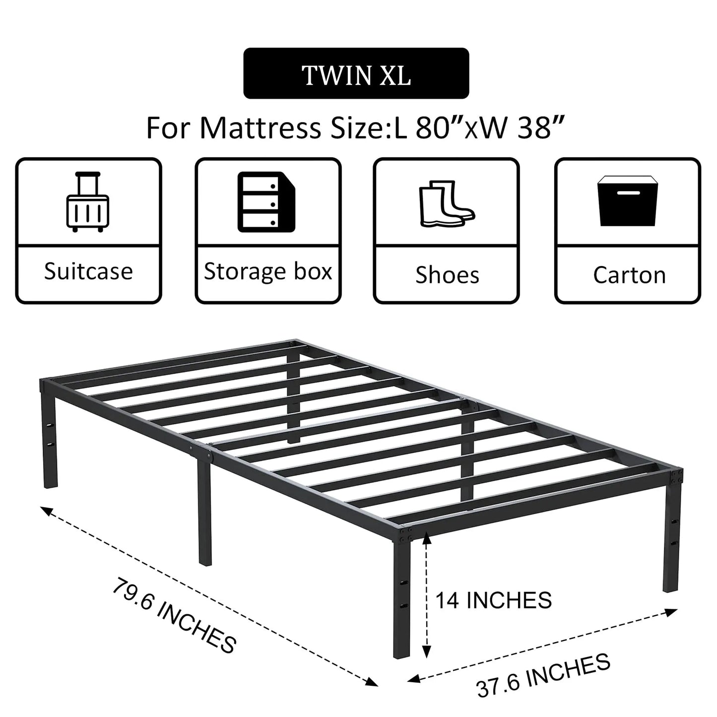 14 Inch Metal Bed Frame - Single Black Basic Steel Slats Platform, Easy Assembly Heavy Duty Noise Free Bedframes, No Box Spring