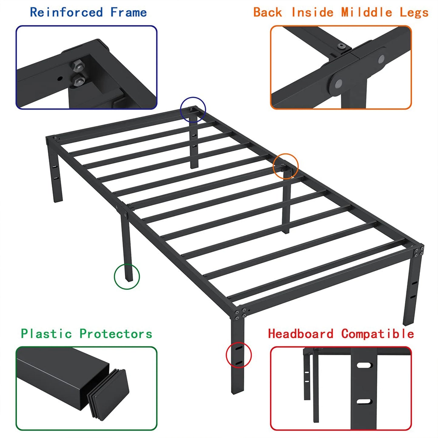 14 Inch Metal Bed Frame - Single Black Basic Steel Slats Platform, Easy Assembly Heavy Duty Noise Free Bedframes, No Box Spring