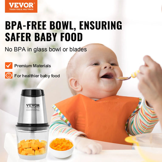 VEVOR Food Processor Electric Meat Grinder with 4-Wing Stainless Steel Blades, 2.5 Cup Glass Bowl, 400W Electric Food Chopper